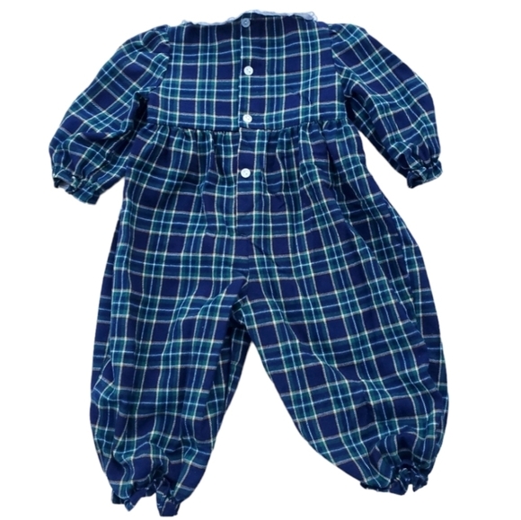 Vintage BT Kids Jumpsuit Smocked Green|Blue Plaid Baby 18 Months - Picture 2 of 5
